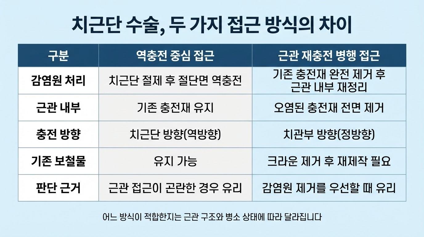 치근단수술 접근방법의 차이